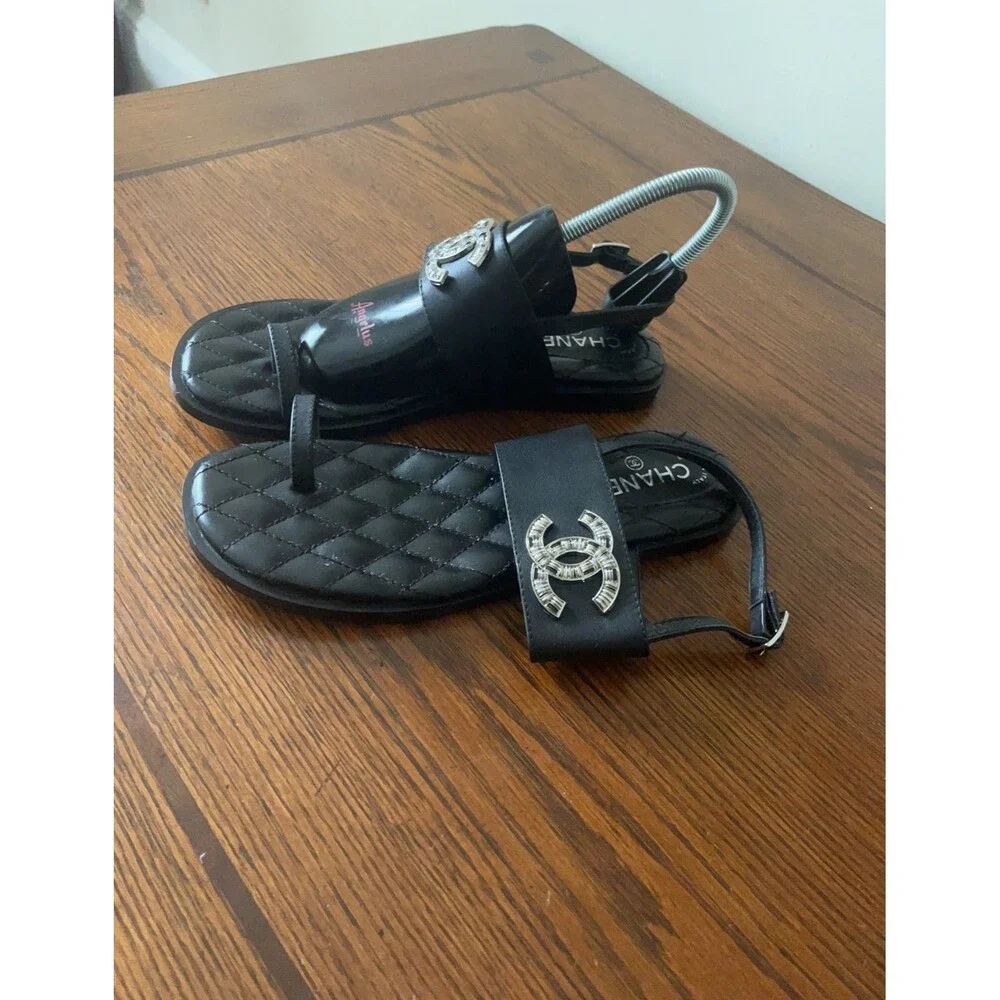 Chanel Black Quilted Leather CC Logo Thong Sandals, Size 39